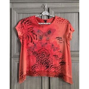 Westbound  Woman Butterfly Graphic Orange Red Blk Shirt Sz 1X Cap Sleeves
